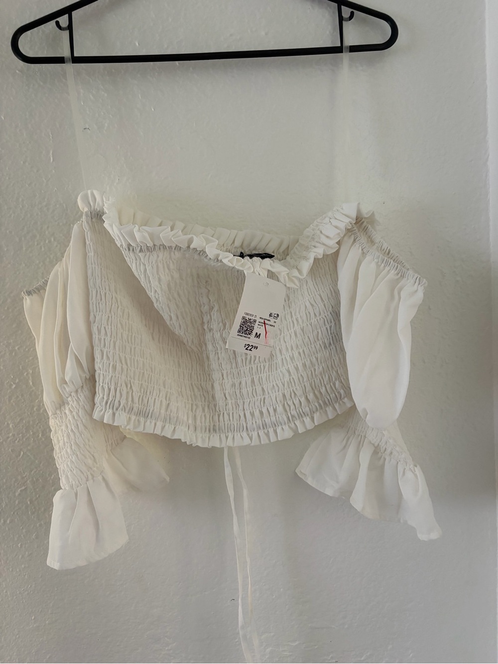 White Off-Shoulder Smocked Crop Top - Women